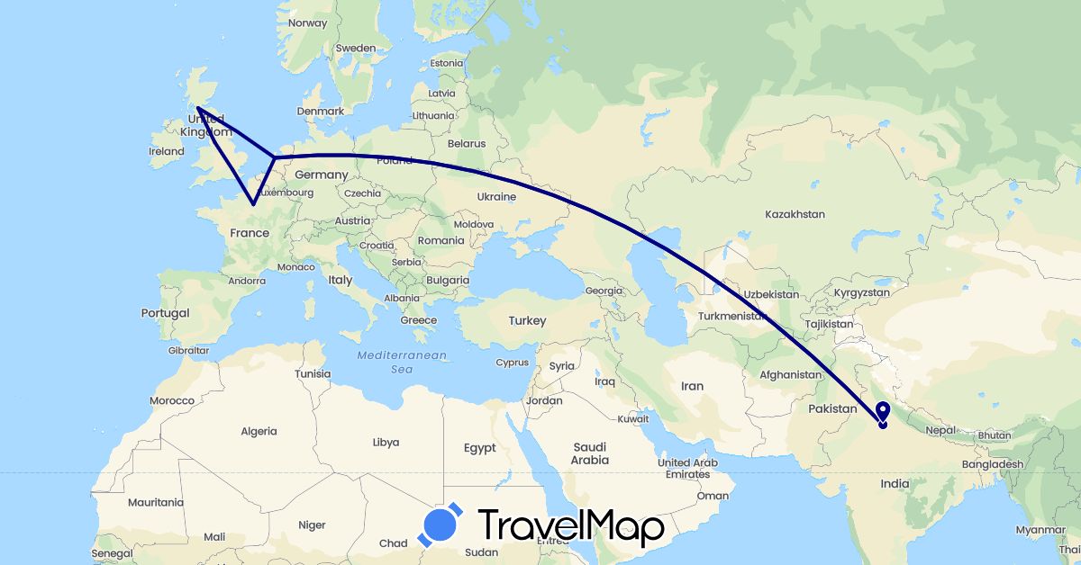 TravelMap itinerary: driving in France, United Kingdom, India, Netherlands (Asia, Europe)